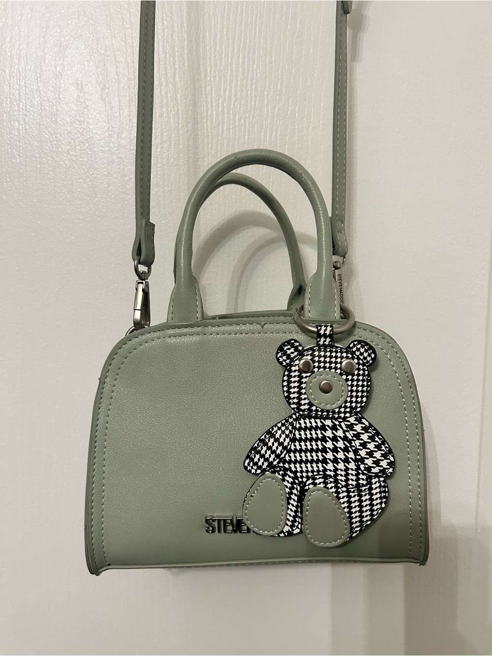 Steve Madden Sage Green Mini Satchel with Houndstooth Teddy Charm